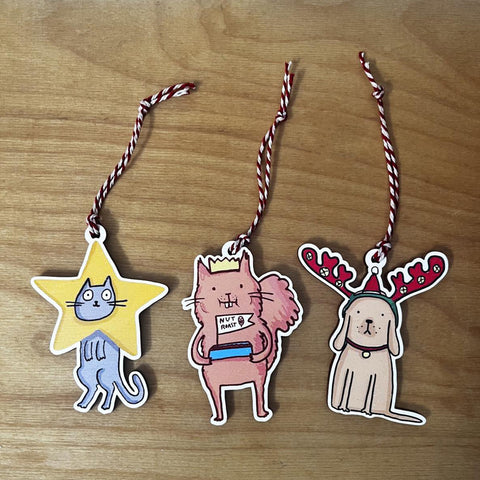 Cat, dog and squirrel Christmas Tree Wooden Decorations