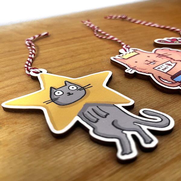 Cat, dog and squirrel Christmas Tree Wooden Decorations