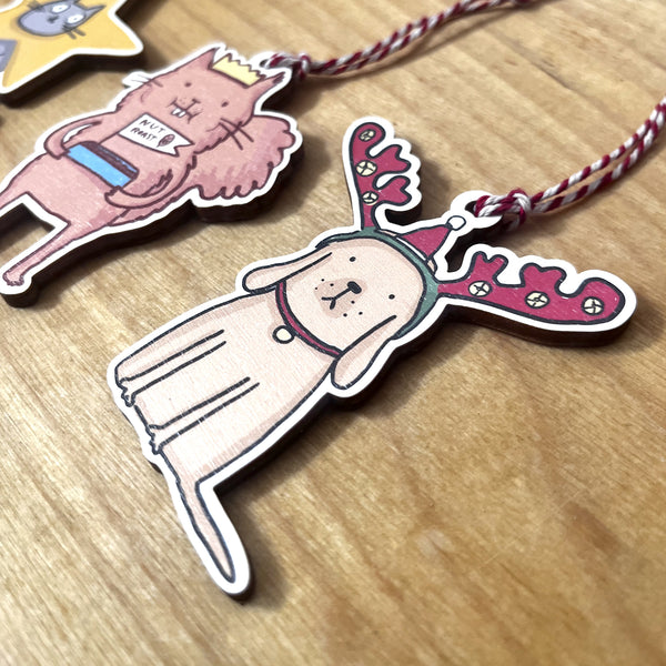 Cat, dog and squirrel Christmas Tree Wooden Decorations